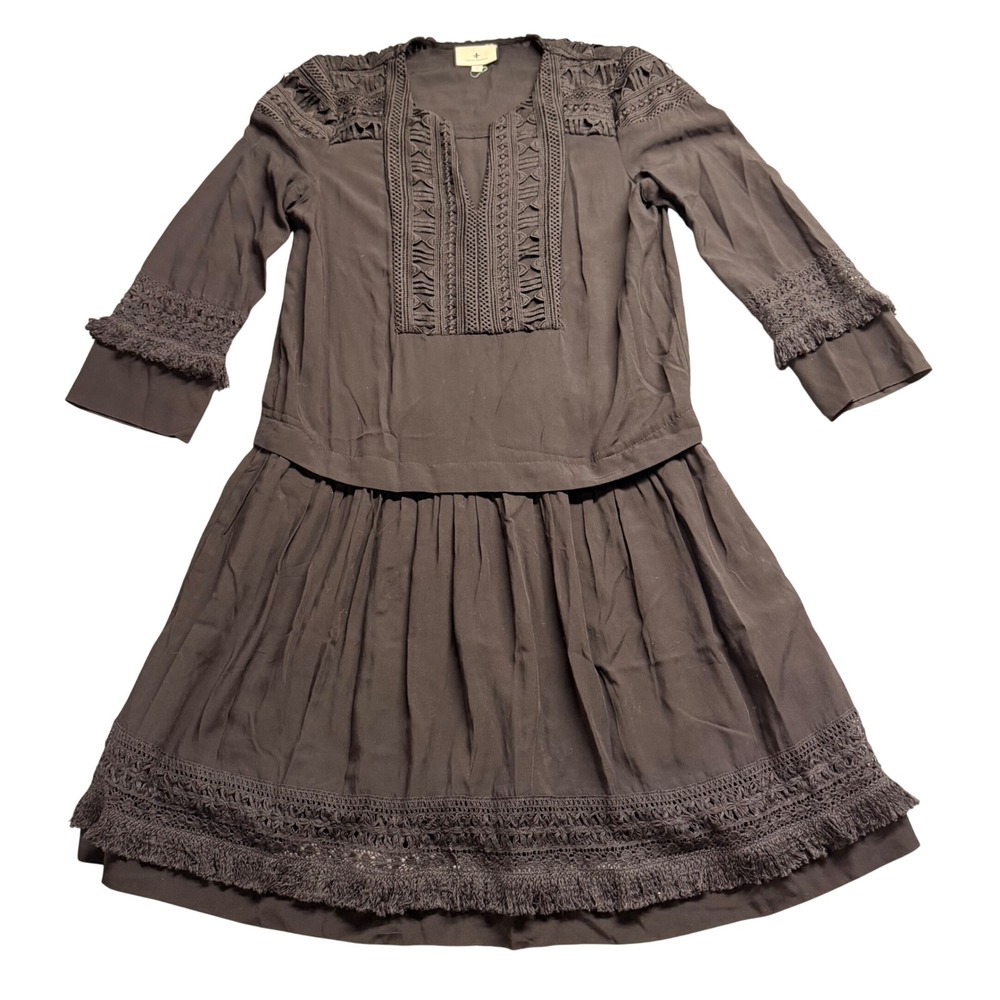 Tuckernuck Black Crochet Lace Fringe Trim Long Sleeve Mini Dress Small